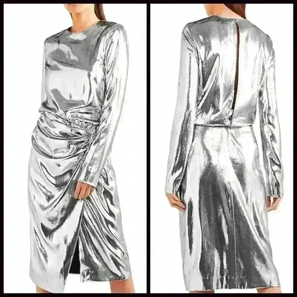 Saint Laurent Womens Silver Draped Waist Faux Wrap Metallic Silk Dress FR 40 - Picture 3 of 16